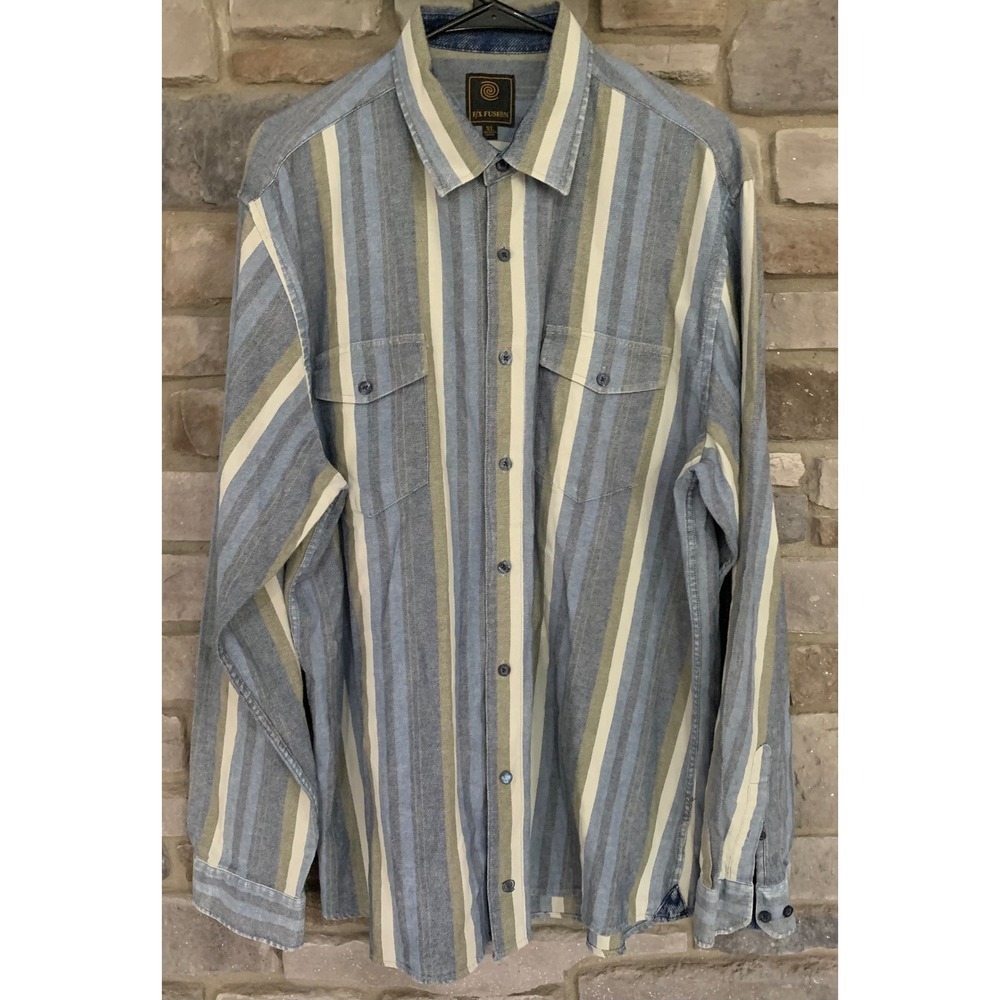 F/X Fusion Striped Button Down Cotton Shirt XL Blue Grey Retro Y2K Streetwear